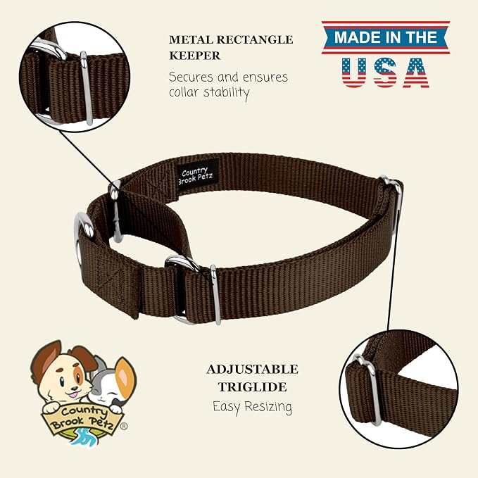 Country Brook Petz - Martingale Dog Collar - Heavy-Duty Training Collar with No Buckle - Service Dog Collar for All Pups - 20 Vibrant Colors (Brown, 1 Inch, Large)