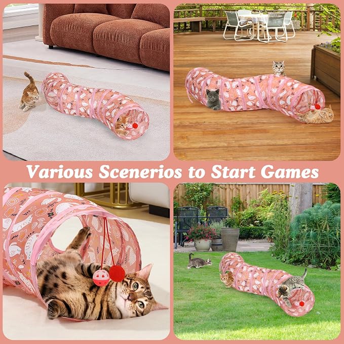 Pawaboo Cat Tunnel, S-Shaped Cat Tube Tunnel 25 * 97cm(9.8''*38.2'') with Balls and Bells, Collapsible Portable Kitten Play Tent Toy Interactive Cats House with Peep Holes for Kitty, Pink Kitties