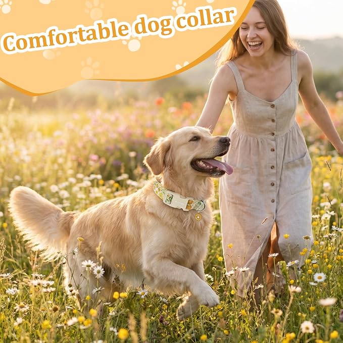 Spring Summer Dog Collar with Daisy Pattern,Adjustable Cotton Puppy Collars for Small Medium Large Dogs, Cute Girl or Boy Dog Collar Ideal for Gifts,Pet Accessory,M