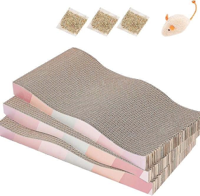 SIDAZON Cat Scratching Pads Cardboard Cat Scratchers for Indoor Cats Reversible Large Wide Corrugated with Catnip and Mini Toy (3pcs)