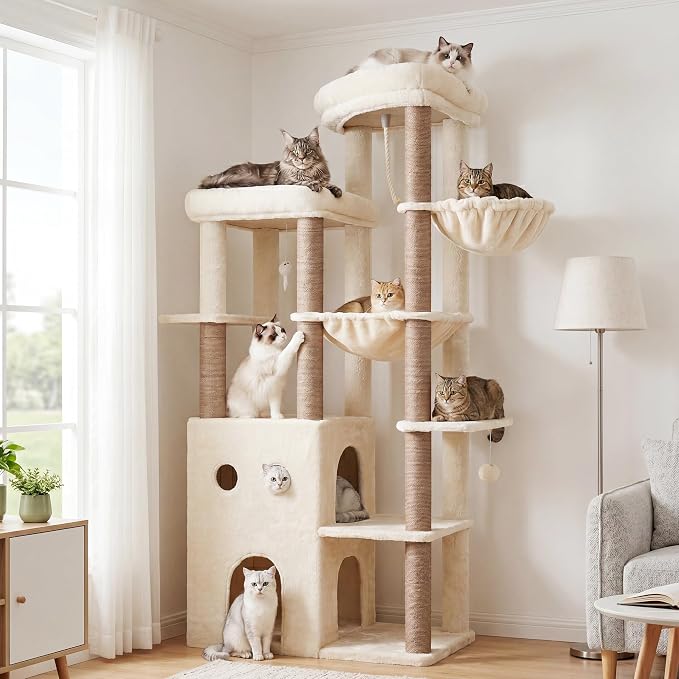 Heybly Cat Tree, 69.7 inches Secure Anti-Tip Cat Tower for Large Cats, Expansive Cat Furniture with Dual-Tier Cat Condo Villa, 2 Top Perches, Hammock & Full Sisal Scratching Posts Beige HCT065MJ
