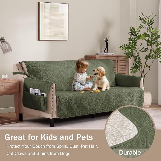Quilted Olive Green Sofa Slipcovers with Pockets, Anti-Slip Medallion Couch Covers for 3 Cushion Sofa, Couch Cover for Dogs Cats Water-Repellent Machine Washable (Large Sofa 68", Olive Green)