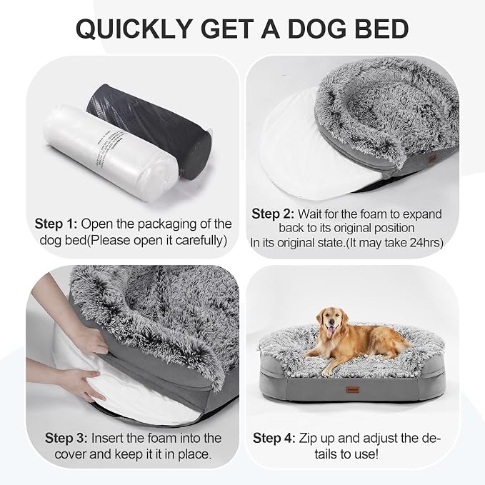 iweepet Fluffy Claiming Orthopedic Dog Beds for Medium & Large Dogs, Supportive Dog Sofa Bed with 3.7 inch 28D Egg-Crate Foam, Removable Washable Plush Cover, Waterproof Lining, 41'',Grey