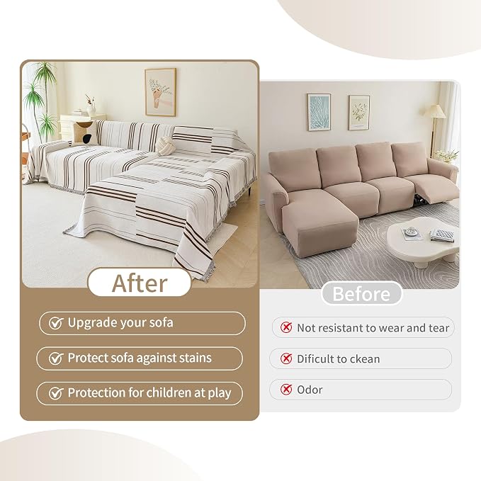 VANJOROY Couch Sofa Cover for 3 Cushion Sectional Sofa L-Shape -Washable 100% Organic Chenille Couch Cover for Dogs Pets, Boho Couch Cover Protector Soft Sofa Slipcovers with Tassel,71"x 134"