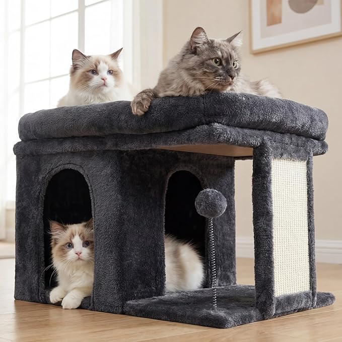Heybly Cat Tree, 14 inch Cat Tower with Large Perch Bed and Cat Condo for Indoor Cats Large Adult, Cat House with Scratching Posts and Interactive Spring Balls for Your Kittens, Smoky Gray HCT203SG