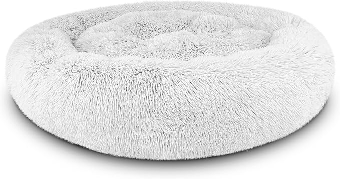 The Dog’s Bed Calming Donut Dog Bed, Plush Faux Fur Round Cuddler Nest – CertiPUR-Certified Foam, One-Piece Design, Raised Bolster – Large (36"), Ice White