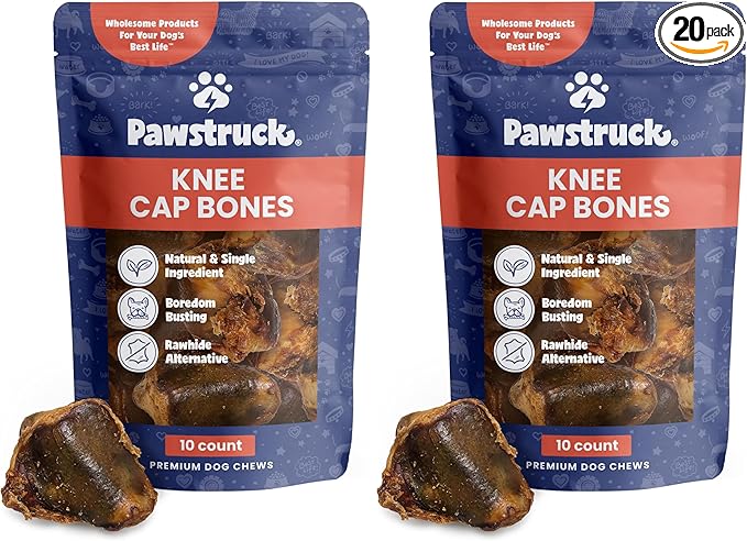 Pawstruck Natural Knee Cap Dog Bones - Treats for Aggressive Chewers, Low Fat & High Protein Chews, Beef Flavor, Long-Lasting Rawhide Alternatives - 20 Pack, Packaging May Vary
