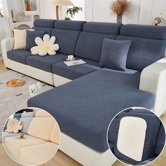 Yoovat Couch Cushion Covers for Sofa Couch Covers Wear-Resistant Universal Sofa Cover Washable Stretch for Sectional Slipcovers (Texture-Gray Blue,Chaise Cover)