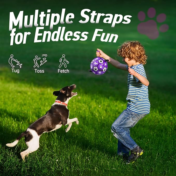 QDAN Dog Toys Soccer Ball with Straps - Dog Water Toy, Puppy Birthday Gifts, Durable Dog Balls for Small Medium Dogs (6 Inch)