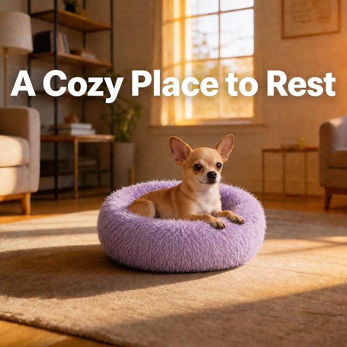 Tiny Dog Bed 15 Inch for Extra Small Dogs,Washable Puppy Bed,Soft Faux Fur Calming Donut Bed for Chihuahua Yorkie Maltese Pomeranian,Purple
