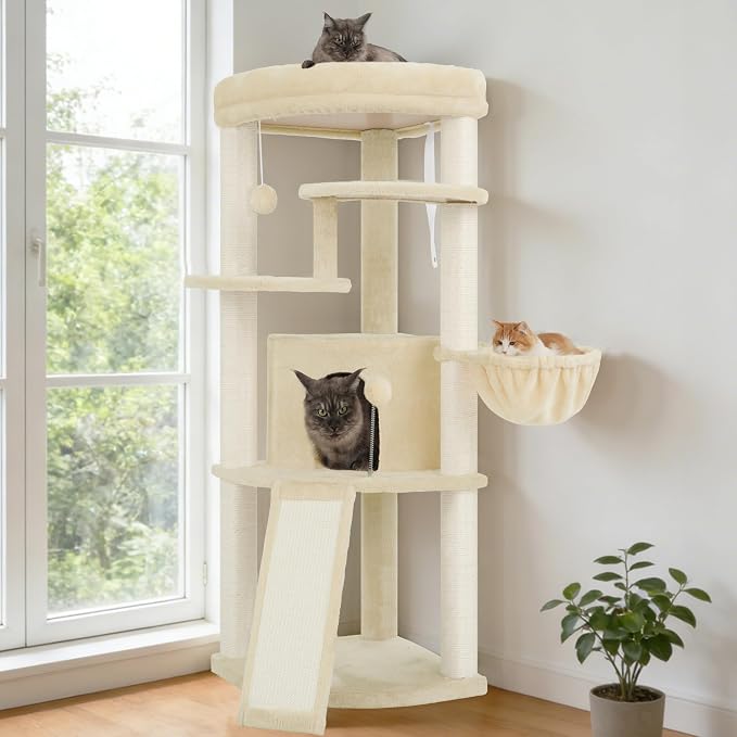 Gitelsnour Corner Cat Tree for Indoor Cats, Cat Tower with All Sisal Scratching Posts, Multi-Level Cat Condo wth Cat Cave, Large Top Perch, Hanging Basket, Sisal Scratching Ramp, Beige GCT025M