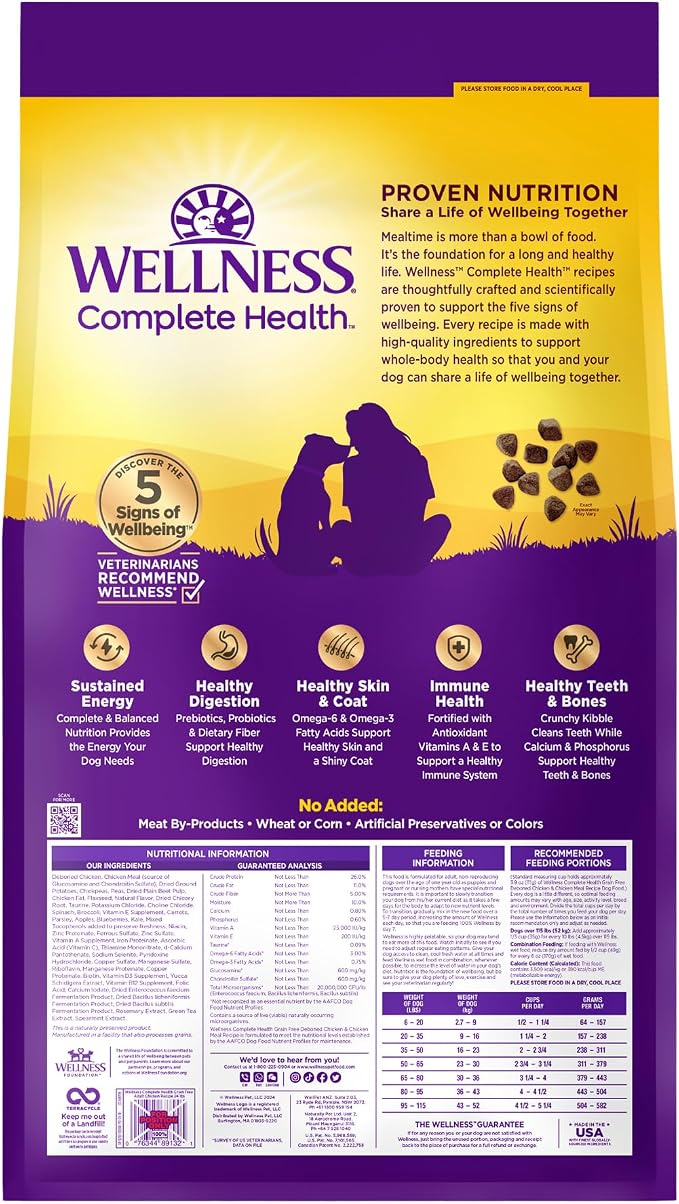 Wellness Complete Health Adult Dry Dog Food, Grain Free Kibble, Natural, Chicken Recipe, 24 lb Bag