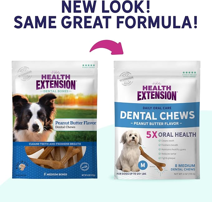 Health Extension Peanut Butter Dental Bones for Dogs, 8 Medium Bones, Healthy Gums, Freshens Breath, Cleans Teeth, Training or Reward, 6 oz Bag (Pack of 1)