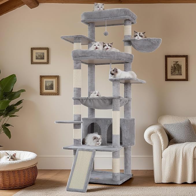 Heybly Tall Cat Tree for Large Cat, 80-inch Multi-Level Cat Tower for Indoor Cats with Large Baseboard, Condo Furniture with 2 Widened Plush Perches,Scratching Board and Big Caves, Light Gray HCT038W