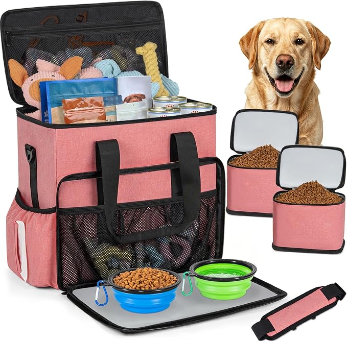 Dog Travel Bag,Large Pet Travel Bag for Supplies with 2 Food Container and Collapsible Bowls,Dog Travel Supplies Organizer Kit for Weekend,Road Trips,Camping