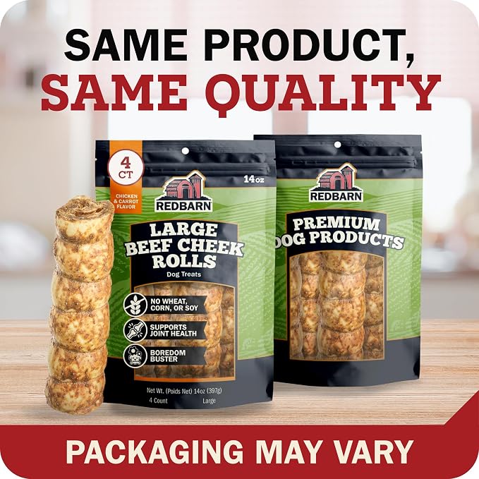 Redbarn Pet Products All-Natural Large Beef Cheek Rolls for Dogs, Chicken & Carrot Glazed - Single Ingredient Grain-Free Chew Treat Naturally Rich in Collagen - Packaging May Vary, Pack of 4