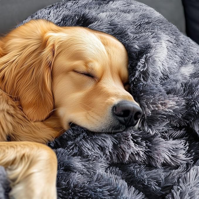 Luciphia Large Waterproof Dog Blanket Pet Washable Liquid Proof Furniture Protector Medium Shaggy Plush Calming Long Faux Fur Bed Cover for Couch Cat Blankets Kitten Doggy, Tie-dye Grey, 40" x 50"