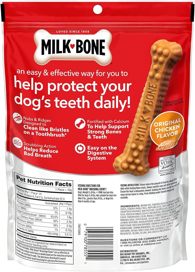 Milk-Bone Brushing Chews Original Chicken Flavor Daily Dental Dog Treats, Mini, 7.1 Oz. Bag (Pack of 5)