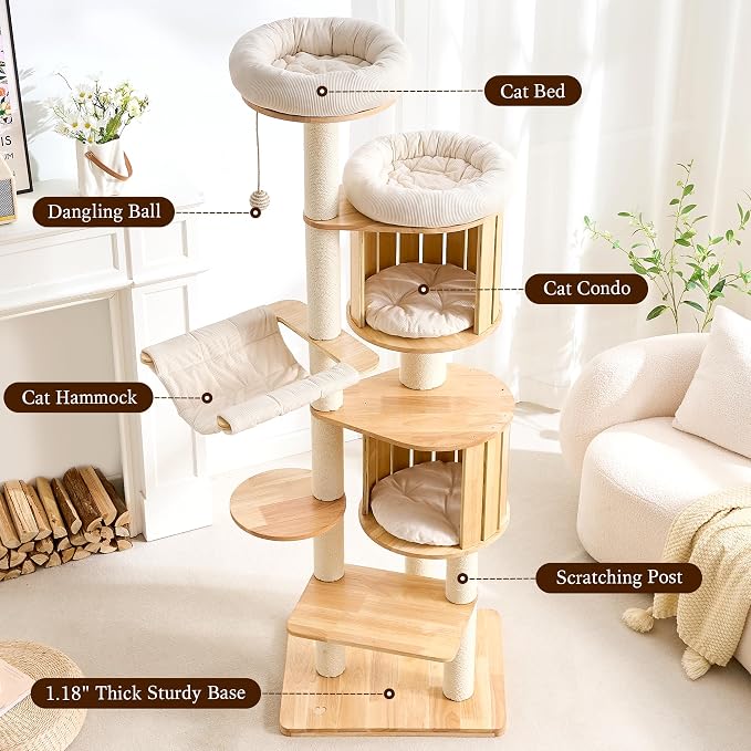 HITTITE Solid Wood Cat Tree Tower with Scratching Post, 70 Inches Tall Cat Towers with Hammock and Condo, Modern Cat Tower with Removable Top Bed for Indoor Cats.