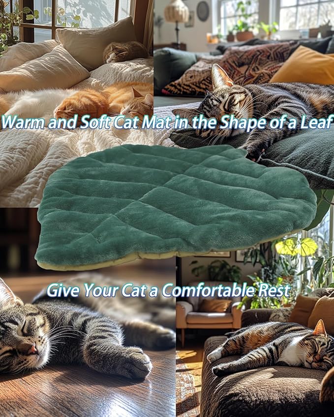 Cat Mat Self Warming Cat Bed 26"x20" Leaf Shaped Cotton Soft Warm Pet Pad Blanket for Indoor Bed Couch Sofa Floors Cat and Dog (Green)