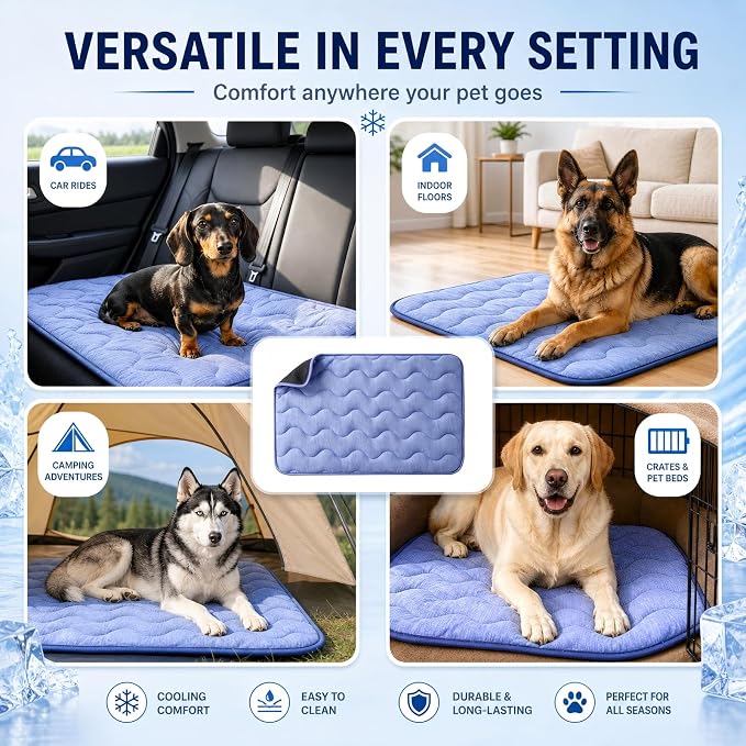 2 Pack Dog Cooling Mats 25" x 19", Q-Max 0.5+ Arc-Chill Fiber Self-Cooling Pet Pads, Thick Durable Cool Touch Crate Mats for Small Dogs, Cats & Puppies, Non-Slip Washable, Gel-Free Pet-Friendly Design