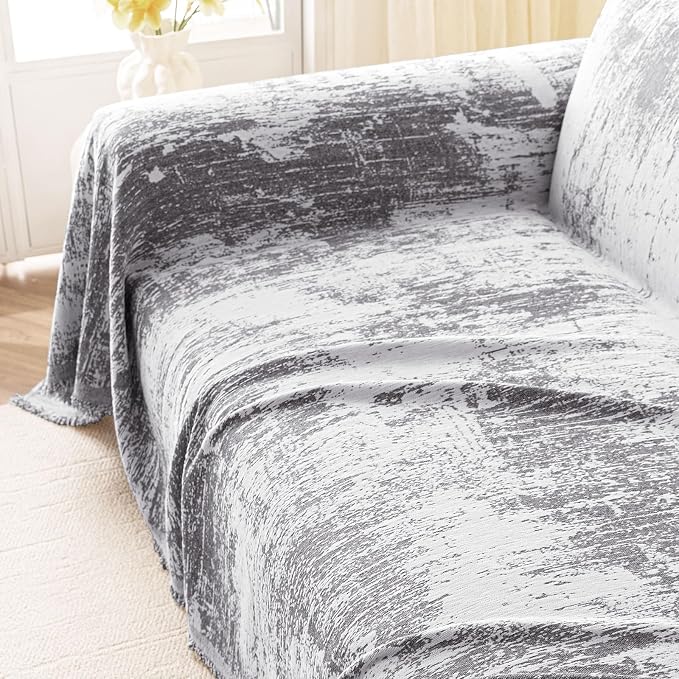hyha Couch Cover for Dogs, Boho Sofa Covers for 3 Cushion Couch Washable, Chenille Sofa Slipcover for Pets, Soft Loveseat Sectional Couch Throw Blankets with Tassels (Dark Grey/White, 88.5x150 Inch)