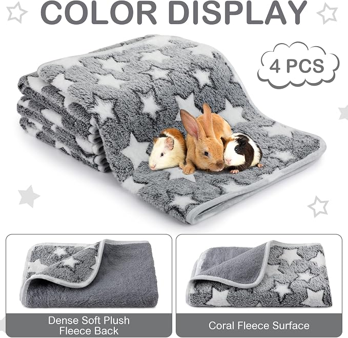 Reginary 4 Pcs Waterproof Guinea Pig Blankets Washable Small Animal Fleece Bedding Absorbent Guinea Pig Cage Liners Reusable Training Pee Pad Pet Sleep Mat for Hamster(Gray Star,24 x 16 Inch)