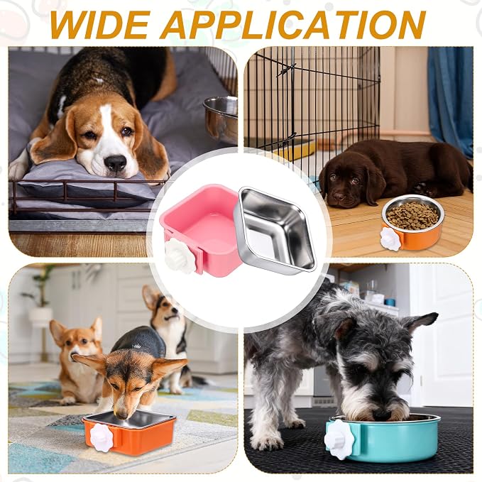Crate Dog Bowl, Removable Stainless Steel Pet Cage Hanging Anti-Overturn Food Water Feeder Cage Cup (Square, Pink, 11.1oz), Intended for Puppies/Cat/Rabbit/Bird