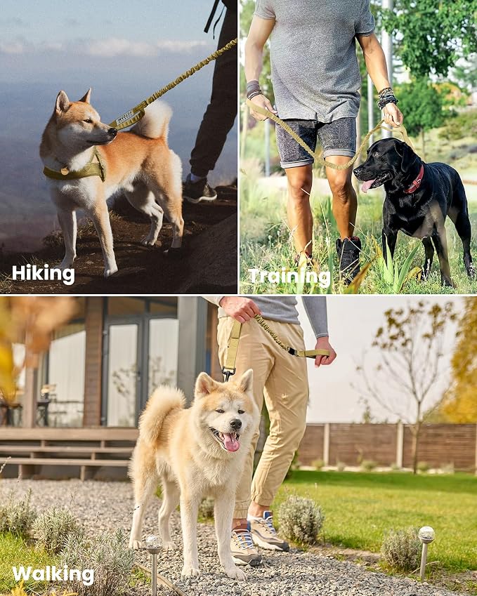 OutdoorMaster Bungee Dog Leash, Heavy Duty Dog Leash with Shock Absorption, 2 Padded Handles Training Leash, 1 Seat Belt Clip, Improved Dog Safety and Comfort -(Khaki, 6 FT)