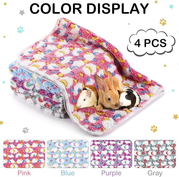 Reginary 4 Pcs Waterproof Guinea Pig Blankets Washable Small Animal Fleece Bedding Absorbent Guinea Pig Cage Liners Reusable Training Pee Pad Pet Sleep Mat for Hamster(Moon Star Pattern,24 x 47 Inch)