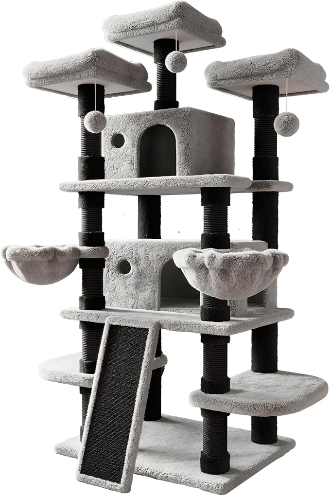SHA CERLIN 68 Inches Multi-Level Large Cat Tree for Large Kitties/Big Cat Tower with Condo/Cozy Plush Pussycat Perches/Sisal Scratching Posts and Hammocks/Activity Center/Black & Grey