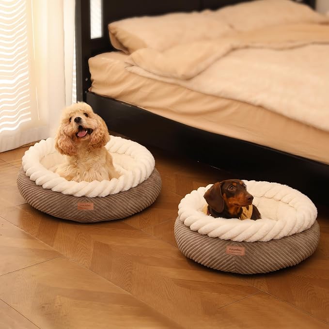 FUKUMARU Dog Bed, 25in Large Round Cat Beds, Plush Faux Fur&Corduroy Cat Beds, Cute Round Washable Pet Bed for Large Cats and Small Dogs, Cat Cave with Anti-Slip Bottom, 25inch, Camel