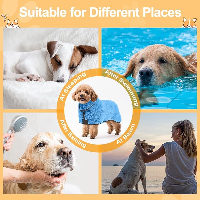 Bienbee Dog Bathrobe, Quick Drying Super Absorbent Pet Robes for Small Medium Large Dogs, Drying Coat for After Bath & Swim, Warm & Cozy Dogs Towels, Dog Puppy Bath Supplies, Light Blue S