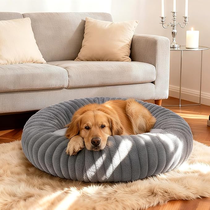 Calming Dog Bed Anti-Anxiety Donut Dog Beds for Small Medium Large Dogs,Washable Plush Fluffy Indoor Cat Kitten Round Cuddler Cushion (Deep Grey, Small)