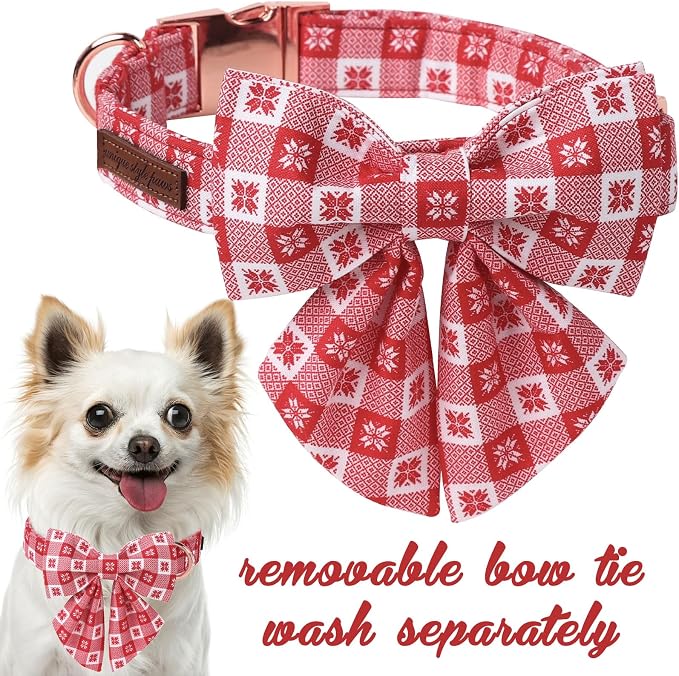Unique Style Paws Christmas Day Dog Collar with Bowtie Red Christmas Papercut Cotton Puppy Collars for Small Medium Large Dogs