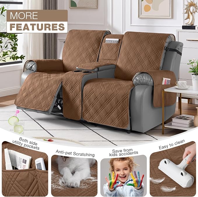 TAOCOCO Loveseat Recliner Cover with Center Console, 100% Waterproof Pet Covers for Dual Recliner with Straps Design, Split Reclining Loveseat Cover Furniture Pet&Kids Protector (2 Seater, Brown)