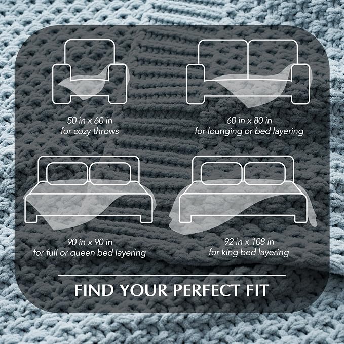 EVERGRACEHOME Chunky Chenille Knit Throw Blanket for Couch, Soft Luxurious Oversized Queen Moss Stitch Blanket for Bed, Cozy Farmhouse Knitted Throw for Sofa, Chambray Blue, 90" x 90"