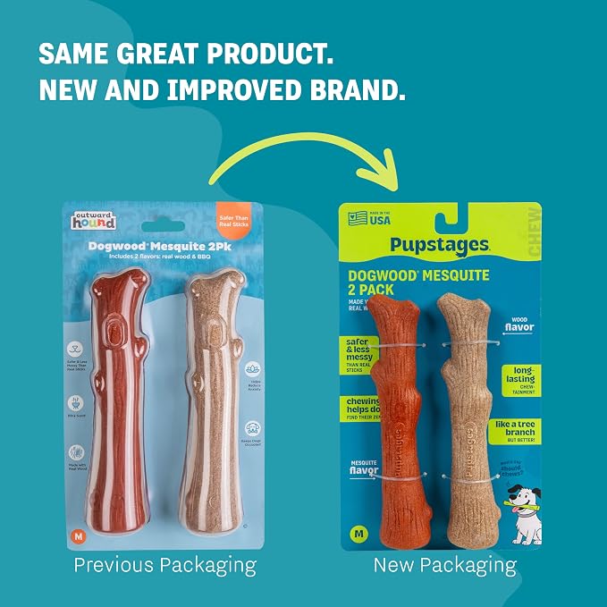 Dogwood Mesquite Dog Chew Toy – Real-Wood Blend, Moderate Chewers, Medium, 7.5", 2-Pack (Natural & Mesquite Flavors)