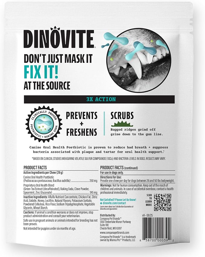 Dinovite Dental Chews for Dogs, Triple Action Dental Dog Treats for Medium Breeds, Clinically Proven to Prevent Plaque & Tartar While Freshening Breath, Fresh Mint Flavor, Made in USA, 20 Count