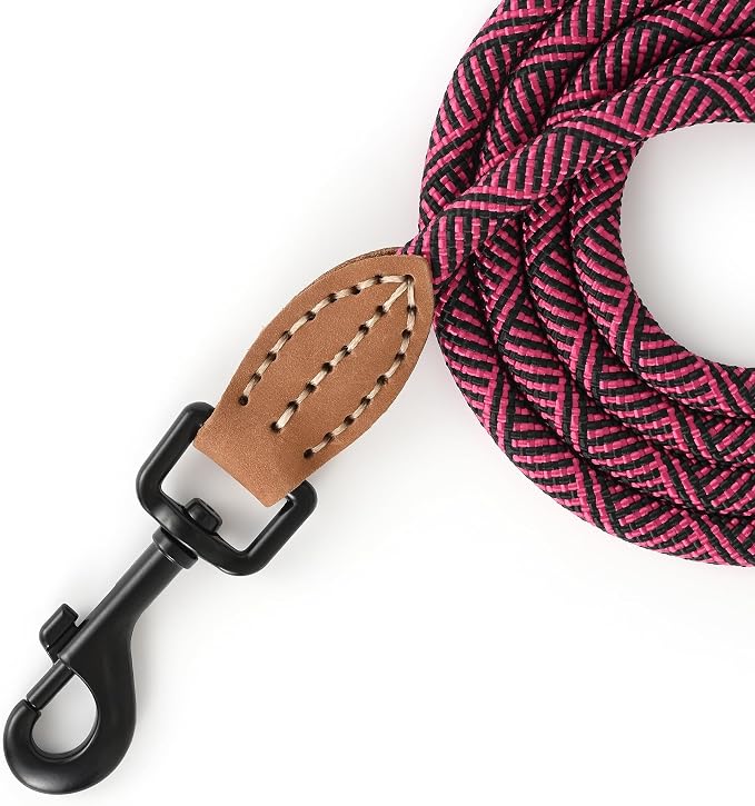 Mile High Life Small Dog Leash, Thin Rope Leash with Genuine Leather Connection and Heavy Duty Metal Clasp, Great for Small Medium Dogs(Pink,60 Inch-1/3)