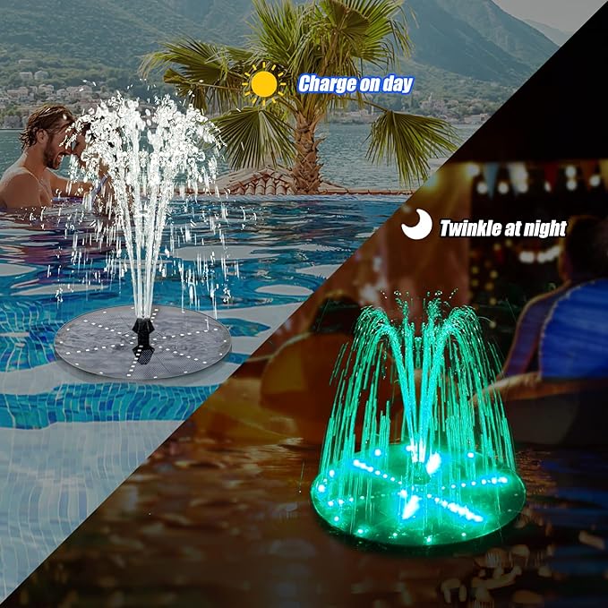 Solar Bird Bath Fountains Upgraded, 4W Solar Powered Water Fountain Pump with 4000 Battery, 7 Nozzles & 4 Fixers, Colorful LED Lights for Garden, Swimming Pool, Pond, Fish Tank and Outdoor