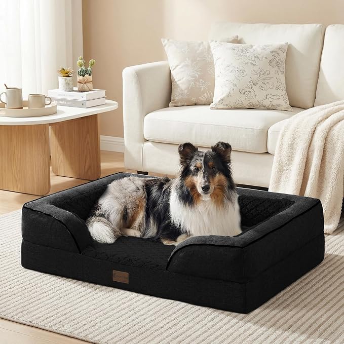 Orthopedic Dog Beds for Extra Large Sized Dogs 45x35 Inch, XL Waterproof Egg Crate Foam Dog Sofa Bed with Removable Washable Cover Big Pet Couch with Bolster & Non-Slip Bottom, Black