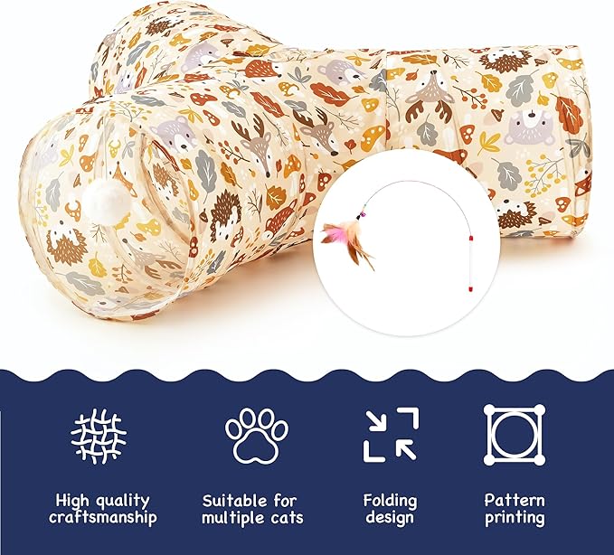Tempcore Cat Tunnel for Indoor Cats, 3 Way Collapsible Pet Play Tunnel with Teaser Wand, Peek Holes & Hanging Ball, Interactive Tube for Kittens & Rabbits, Beige Deer