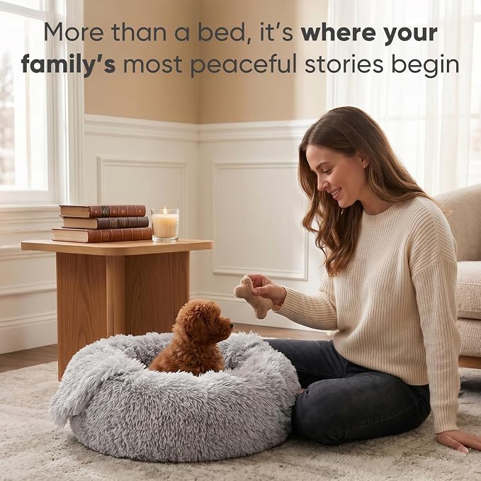 Himax Small Cat & Dog Bed with Cover, Calming Dog Bed for Small Dogs,Anti-Anxiety Donut Dog Bed with Attached Blanket,Washable Round Fluffy Pet Bed (20"/26"/35"), Light Grey