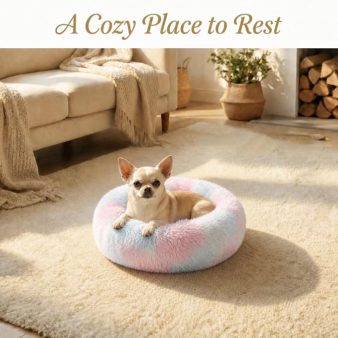 Tiny Dog Bed 15 Inch for Extra Small Dogs,Washable Puppy Bed,Soft Faux Fur Calming Donut Bed for Chihuahua Yorkie Maltese Pomeranian,Rainbow