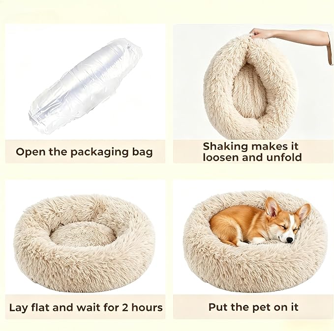 Calming Anti-Anxiety Donuts Dog And Cat Bed, Round Fluffy Soft Washable Small Medium Pet Bed For Puppy And Kitten, Cuddler Warming Comfortable Luxury Anti-Slip Waterproof Mute Base 24in Light-Brown