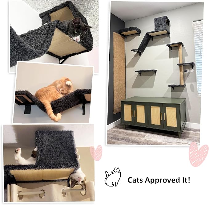 FUKUMARU Cat Wall Shelves, Stable & Safe 5 in 1 Cat Walls Furniture Set, Wooden Kitten Climbing Wall with Scratching Post for 16 Inch Drywall - Gray