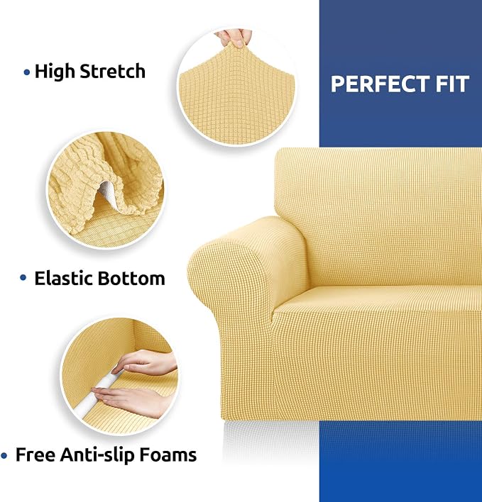 KEKUOU Stretch Sofa Cover Slipcover ,Couch Covers for 3 Cushion Couch Sofa pet Friendly (78"-94") Furniture Protector Sofa with Elastic Bottom for Kids,Dog, Jacquard Small Checked(Large,Champagne)