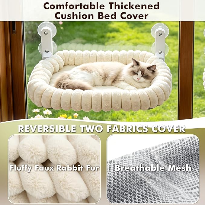 AMOSIJOY Cordless Cat Window Perch, Window Hammock for Cats with 4 Strong Suction Cups, Solid Metal Frame and Cushion Bed Cover, Indoor Cat Bed (XL,Stripe)