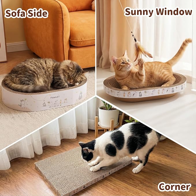 PatiencET 3-in-1 Cat Scratcher Cardboard Set for Indoor Cats, Cat Lounge Box with Wide & Slim Oval Cat Beds, Corrugated Cat Scratching Board for Furniture Protection, Rest & Play